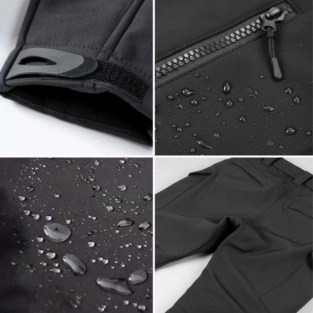 Collage of black jacket details including zipper, fabric texture, and water droplets.