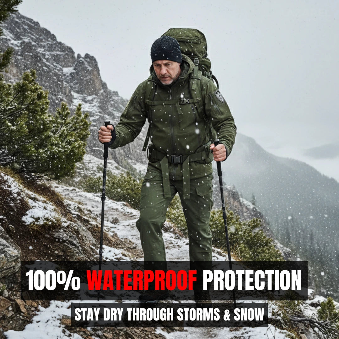 Person in green hiking gear with backpack on a snowy mountain, emphasizing waterproof protection.