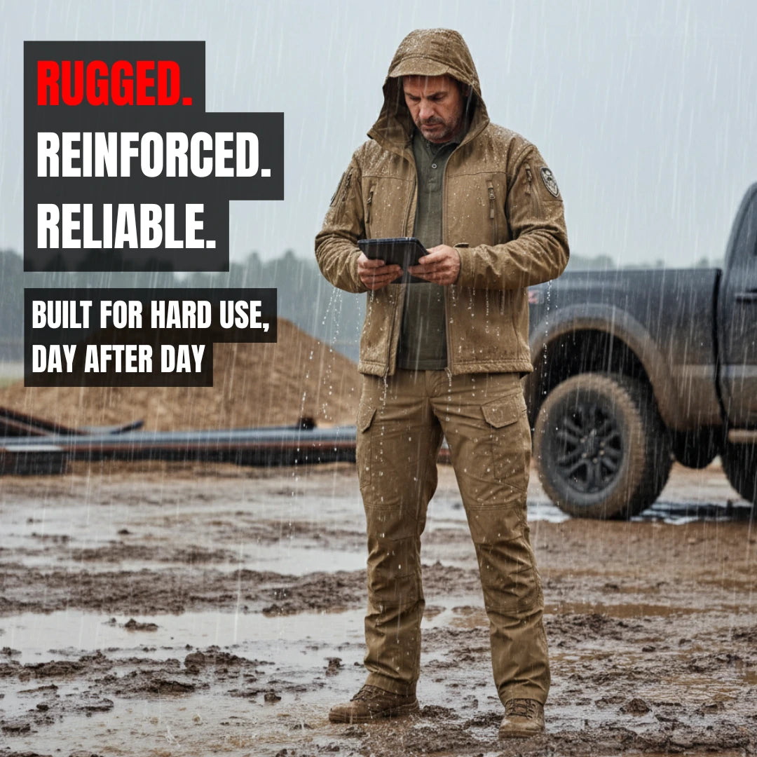 Man in a brown work suit standing in rain with text about ruggedness and reliability.