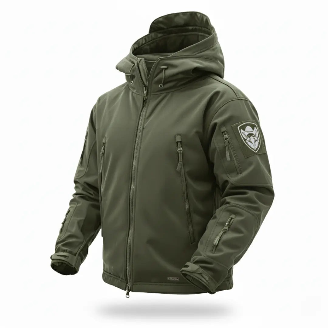 Green tactical jacket with a hood on a white background