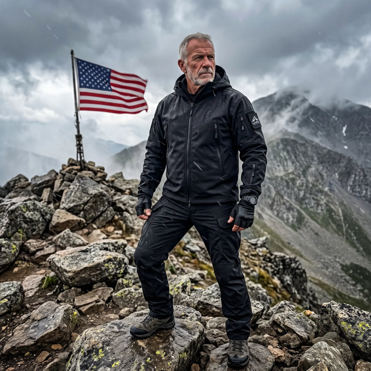 A man in a black outdoor jacket and pants stands on a rocky mountain peak with an American flag behind him under a cloudy sky.