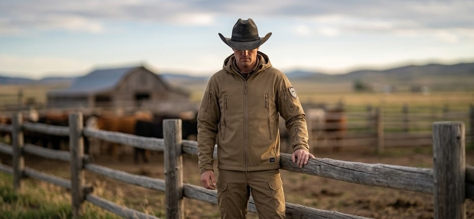 Man in a cowboy hat and brown jacket standing by a wooden fence with a scenic background