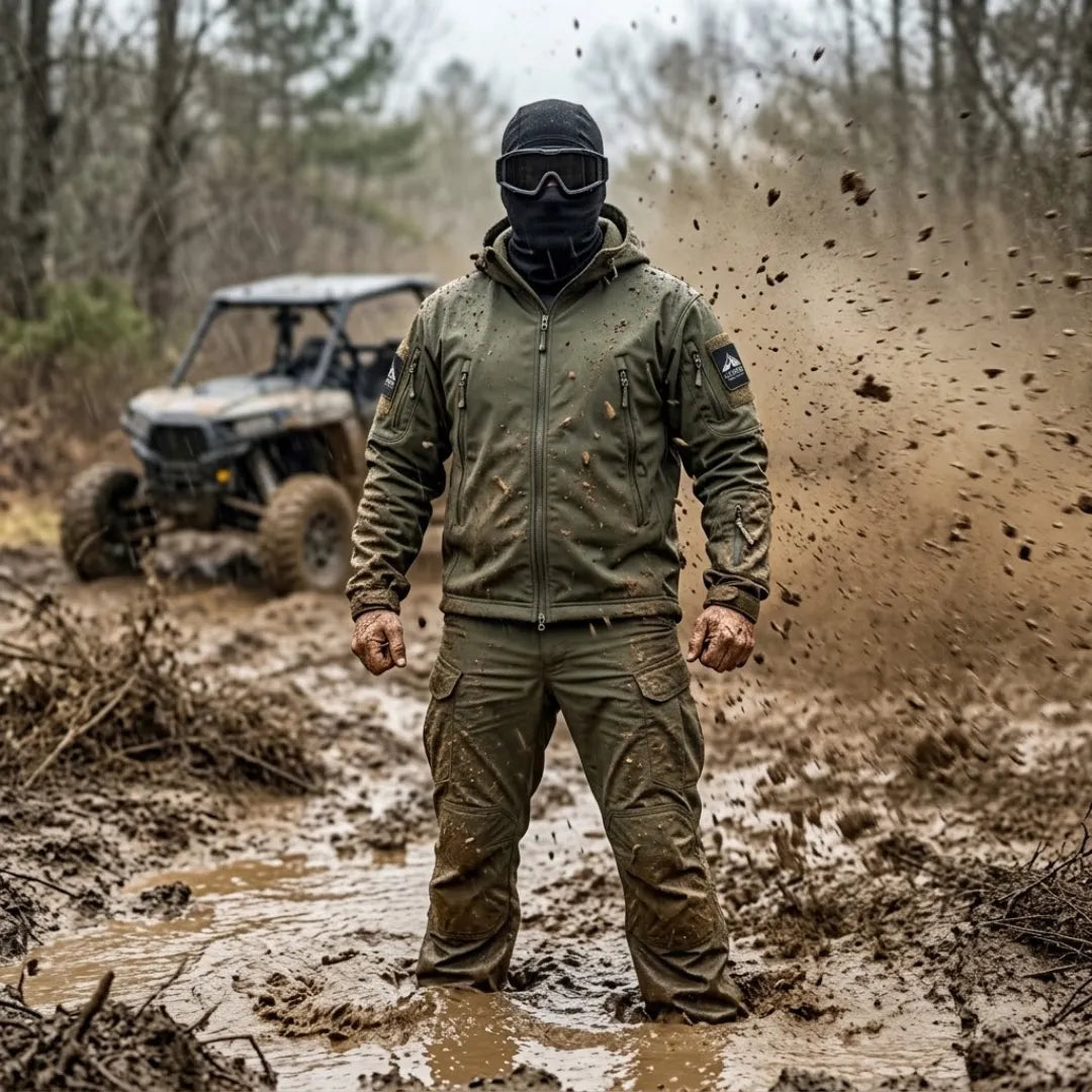 A person wearing an olive green waterproof jacket and matching pants stands in a muddy outdoor setting, with a black balaclava, goggles, and a blurred off-road vehicle in the background.