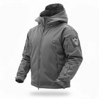 Gray tactical jacket with a patch on a white background