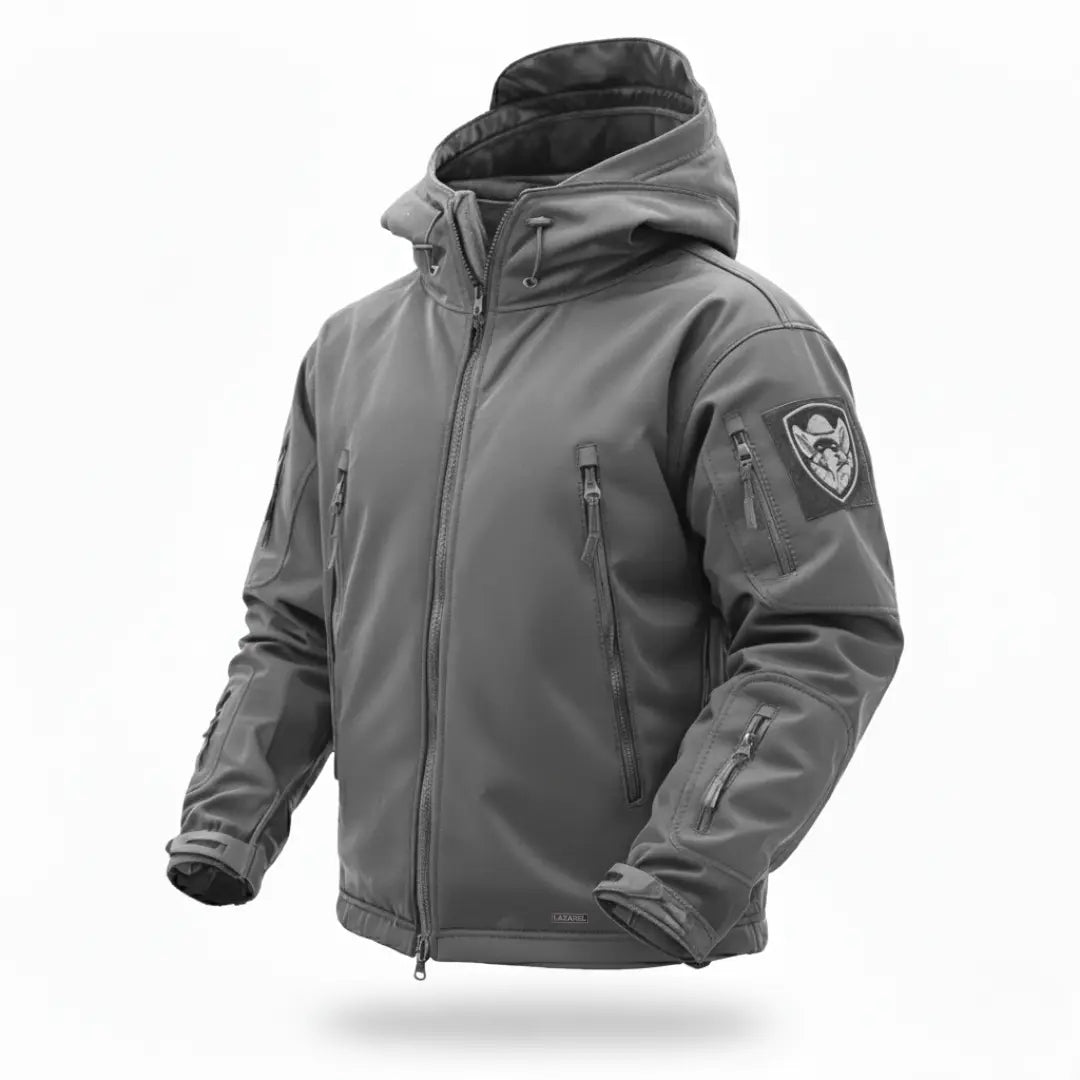 Gray tactical jacket with a patch on a white background