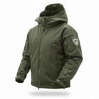 Green tactical jacket with a hood on a white background