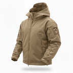 Tan tactical jacket with a hood on a white background