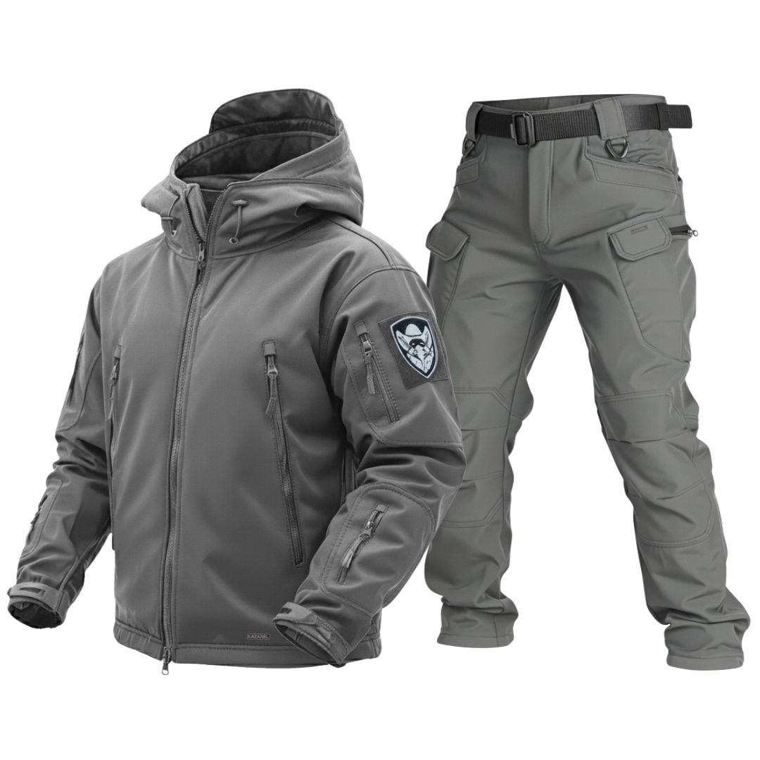 Gray tactical jacket and pants set on a white background