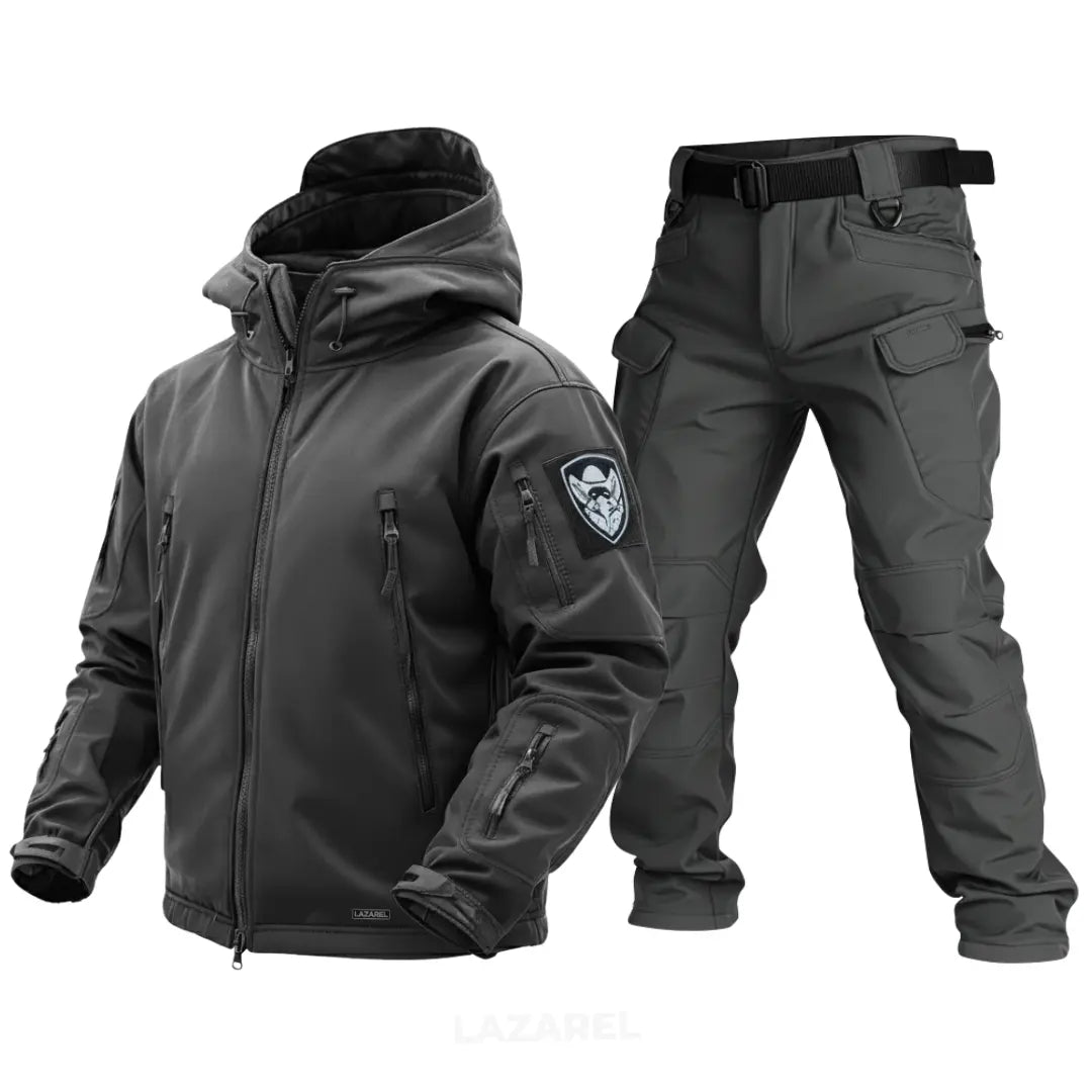 Gray Lazarel tactical jacket and pants set on a white background