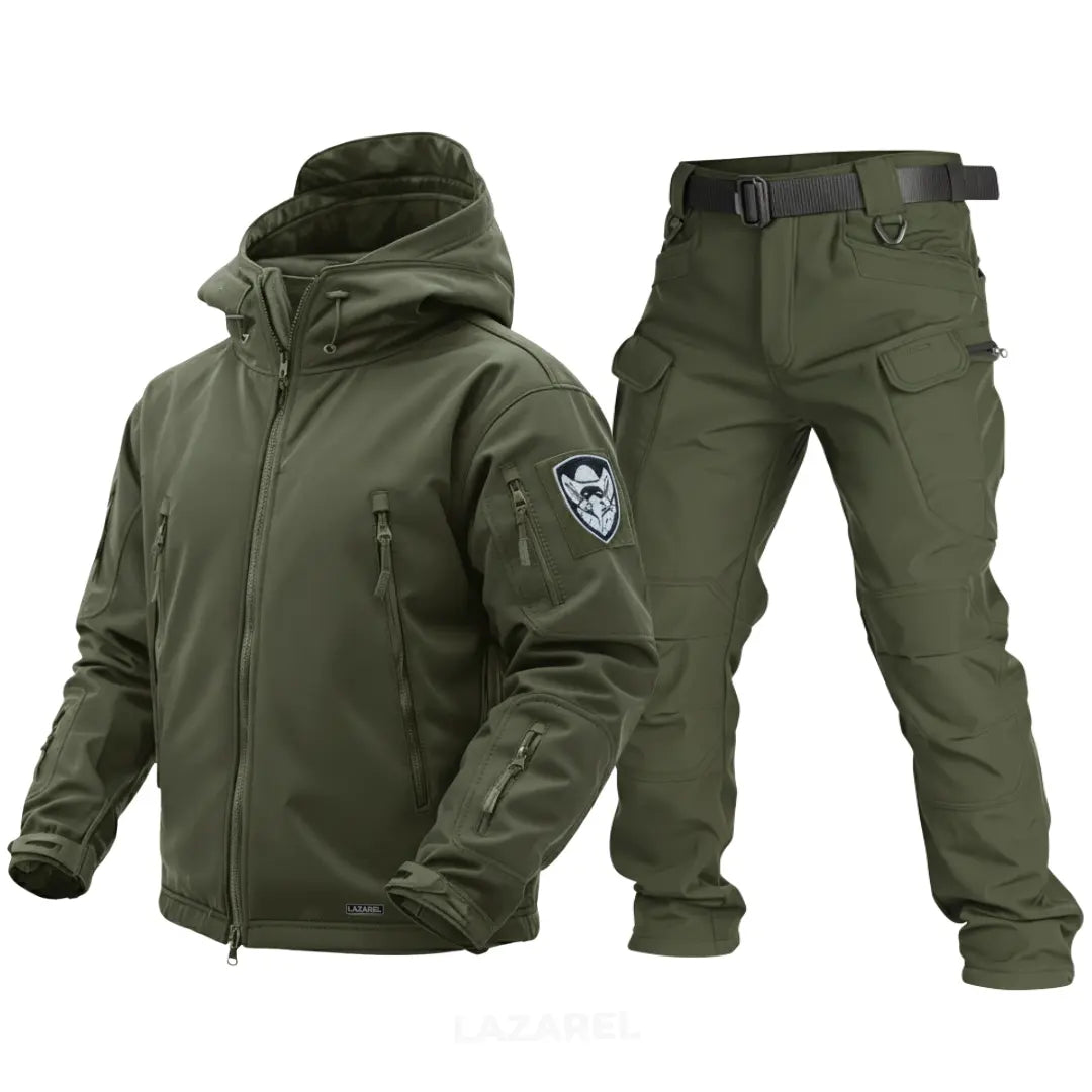 Green lazarel tactical jacket and pants set on a white background