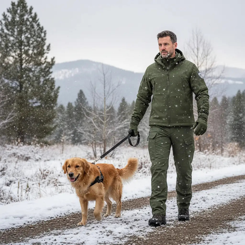 Man and dog walking on a snowy path with mountains in the background