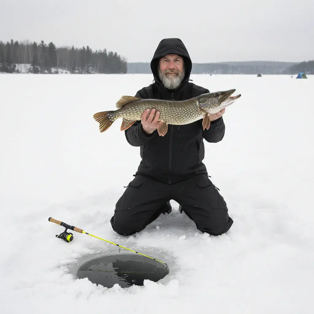 Man in black winter clothing holding a large fish on a frozen lake with snow and trees in the background.