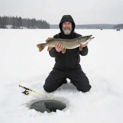 Man in black winter clothing holding a large fish on a frozen lake with snow and trees in the background.