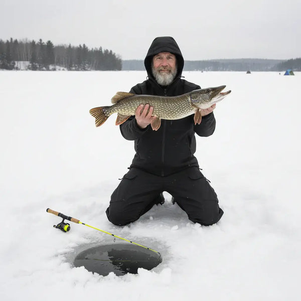 Man in black winter clothing holding a large fish on a frozen lake with snow and trees in the background.