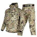 Camouflage jacket and pants set on a white background