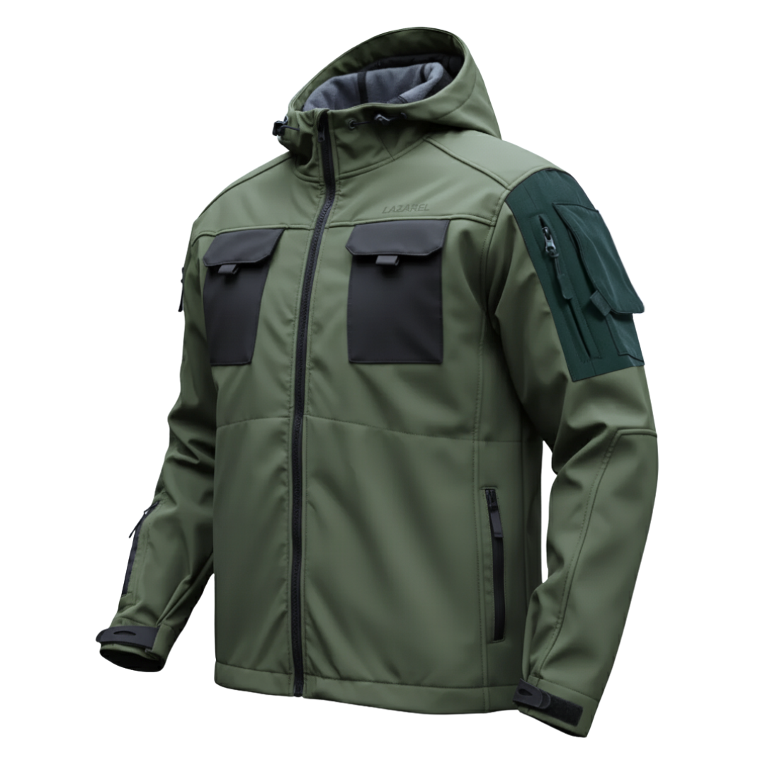 Green tactical jacket with black accents on a white background