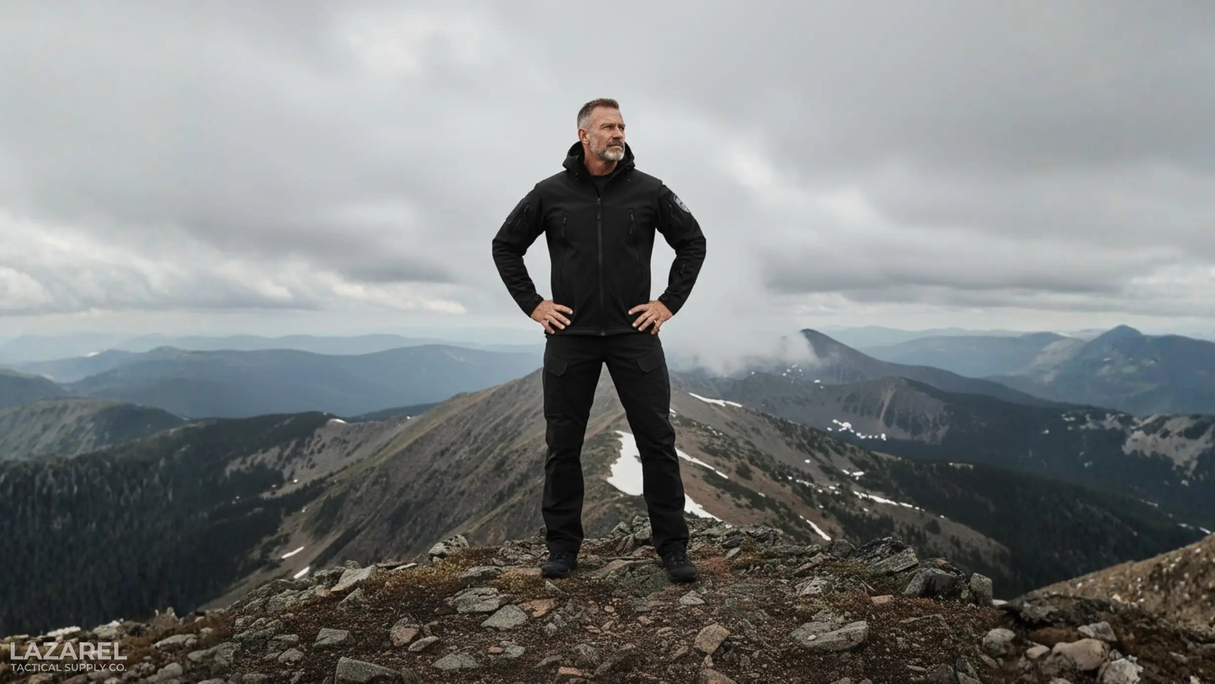 Man in black jacket standing on a mountain peak with a cloudy sky