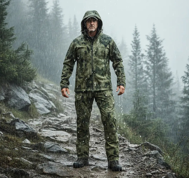 Person wearing a green lazarel raincoat and pants standing on a rocky path in a forest during rain.