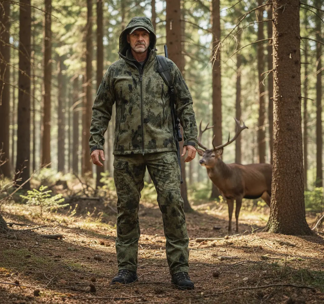 Man in camouflage hunting gear from lazarel standing in a forest with a deer nearby