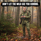 Man in camouflage gear from lazarel with binoculars and rifle in a forest, with text 'Don't let the wild see you coming'.