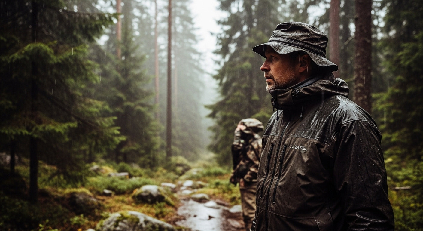 Scandinavian hunter in rain with LAZAREL gear, Sony A7IV
