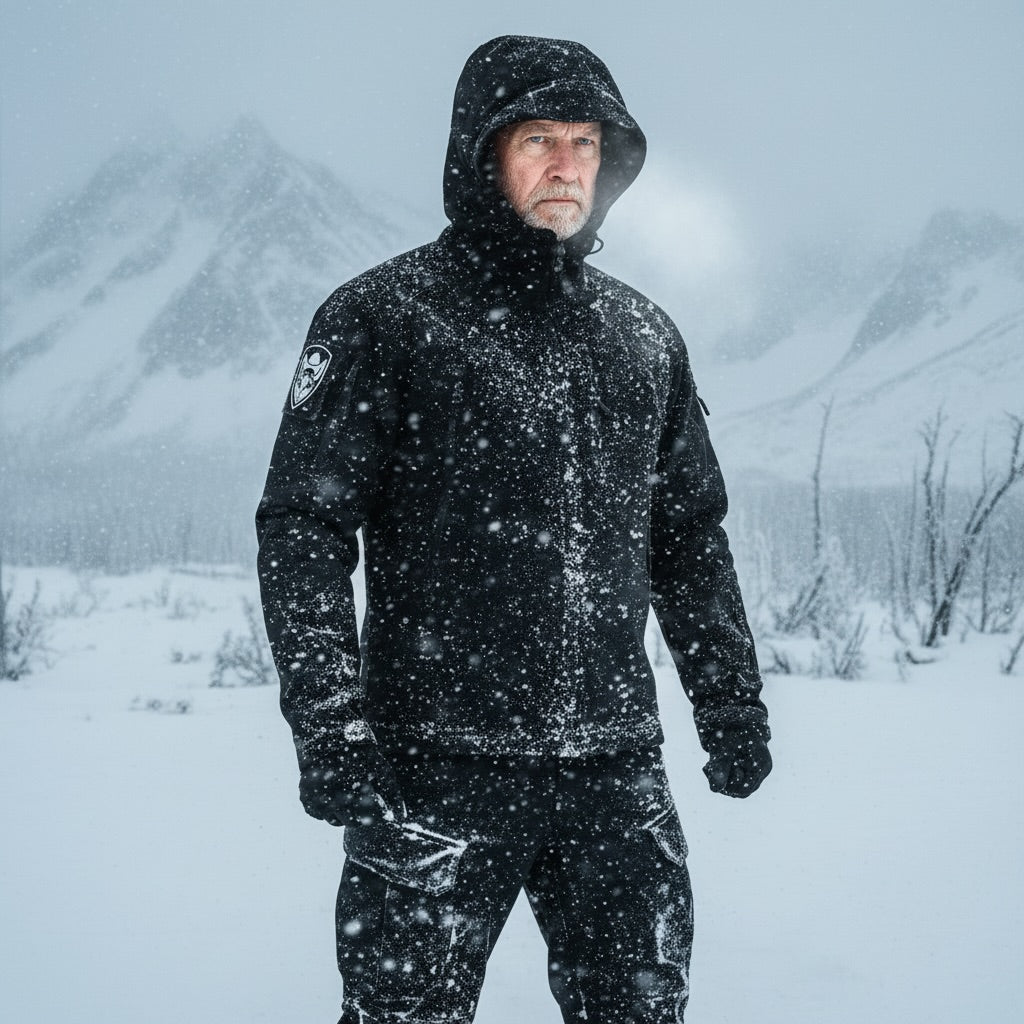 Person wearing a black lazarel winter jacket and pants in a snowy landscape with mountains.
